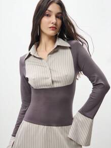 SHEIN Unity Color Block Stripe Spliced Oversized Cuff Long Sleeve Shirt Dress,Valentines Outfit - Multicolor - View 2