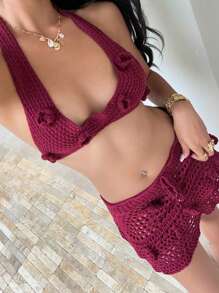 Aloruh 女士两件套：纯色 3D 花卉装饰短款露背针织上衣和镂空针织迷你裙，性感 - 酒紅色 - 查看 7