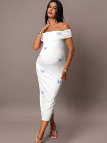 MaterniChic Women White Off Shoulder Flare Sleeve Dress, Blue Bow Dress, Elegant Dress For Fall/Winter, Renaissance Fair Western Dress, Homecoming, Cute Tops, Beach, Party, Brunch Women Outfit, 90s Outfit, Cottage Core, Korean Fashion, Long Sleeve Cute Dress, Maternity Dress  Fall Women Clothes Baby Shower Modest Dresses For Women All White Party Outfit Women