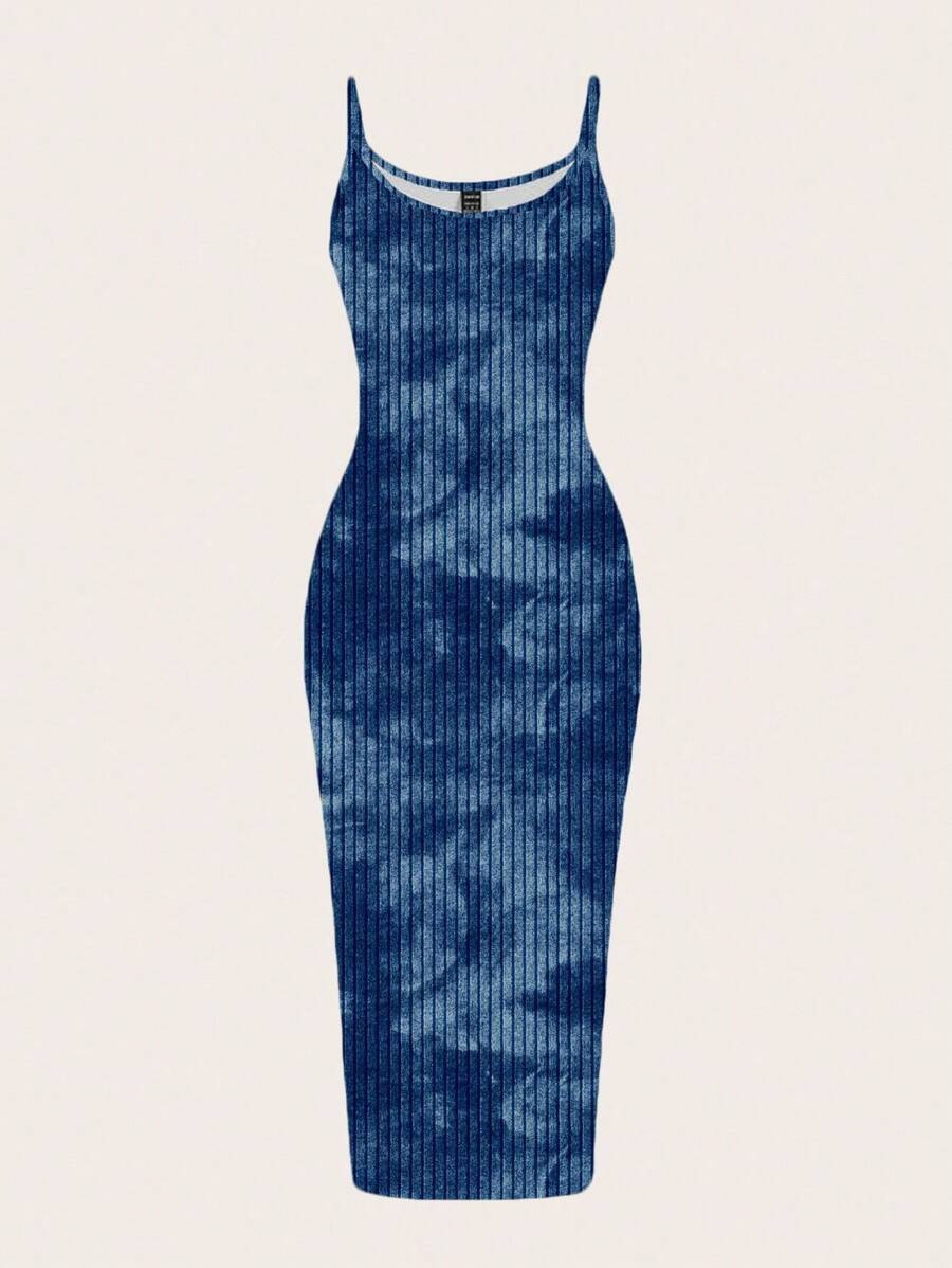SHEIN EZwear 休闲简约街头风格海军蓝扎染印花图案紧身长裙,适合夏季旅行、外出、度假 - 彩色 - 查看 1