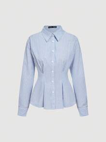 SHEIN MOD 蓝白条纹系腰休闲通勤衬衫 - 藍白色 - 查看 1