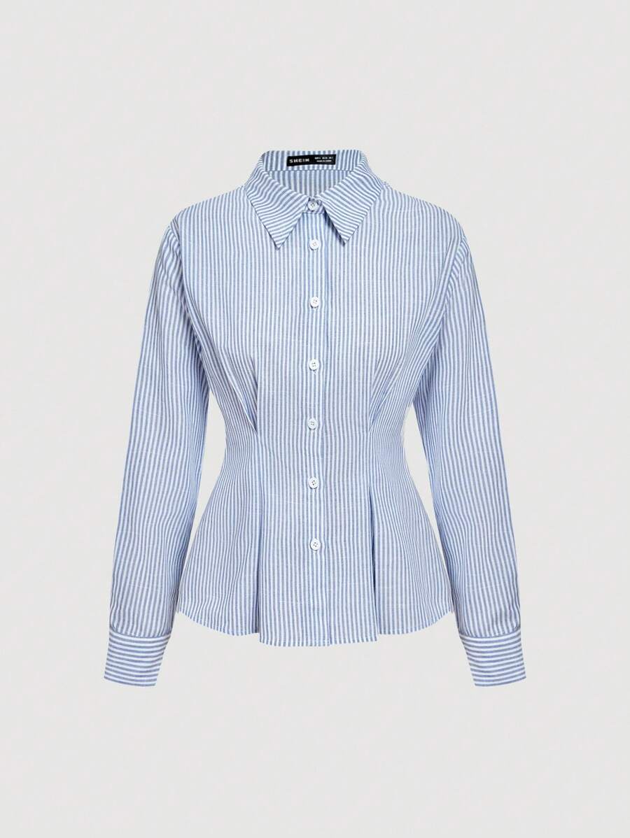 SHEIN MOD 蓝白条纹系腰休闲通勤衬衫 - 藍白色 - 查看 1