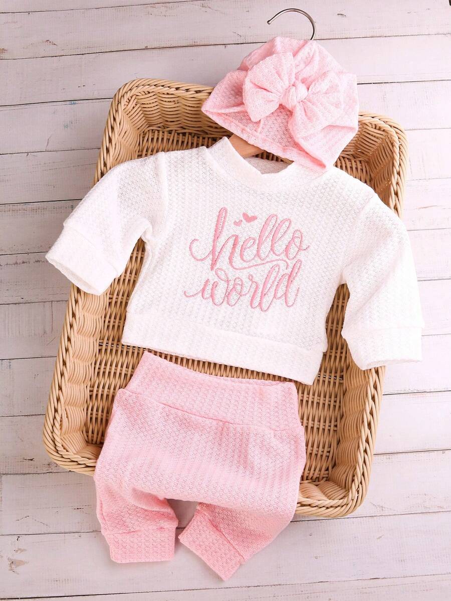 SHEIN 新生儿“HELLO”字母刺绣摄影服装，婴儿男童女童上衣、裤子、帽子 3 件套，1 个月至 100 天工作室摄影道具