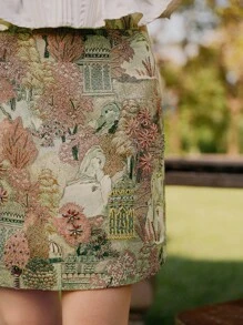 SHEIN Unity 复古优雅皇家重磅刺绣图案女式迷你裙，夏季 - 綠色 - 查看 7