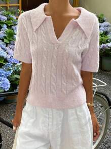 DAZY Ladies V-Neck Short-Sleeved Small Lapel Casual Knitted Top Vacation - Khaki - View 1