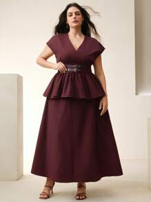Anewsta Elegant & Fashion Summer Commuter Sleeveless V-Neck With Belt Blouse & Skirt 2-Piece Set For Women - Burgundy - View 6