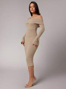 Silquee Women's Solid Color Off Shoulder Fitted Elegant Long Sleeve Sweater Dress,Fall Women Clothes, , Beige Dress Women, Tan Dress Women, Off The Shoulder Dress, Long Sleeve Midi Dress,Street Dress, Prom Dress,Airport Outfit For Women,Nude Dress