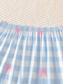 SHEIN 2 piezas Conjunto de pijama para niña, que incluye una blusa de manga corta y cuello redondo en color rosa y un pantalón largo de estilo minimalista en colores azul claro, blanco y gris con un detalle de lazo rosa. El diseño minimalista lo hace fácil de combinar. La tela es elástica, transpirable y de punto, y se puede lavar a máquina para un cuidado fácil y cómodo. (Se venden por separado 3 conjuntos) Moda de vuelta al colegio - Multicolor - Ver 5