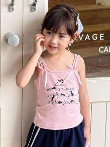 SHEIN Little Byeori Young Girls Casual Bow Decor Cat Pattern Knitted Sweater Top - Pink - View 2