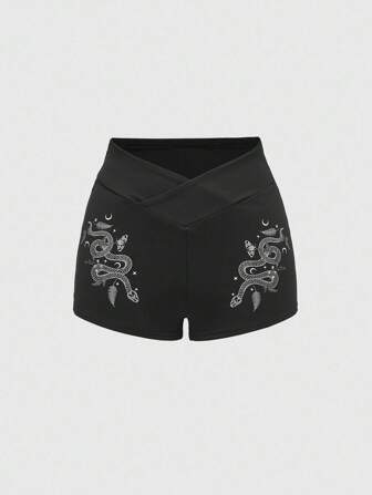 Goth Women's Summer Snake & Botanical Print Overlap Waist Cycling Leggings