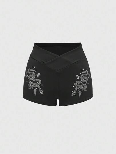 Goth سراويل درجة ثانية للنساء مطبوعة بطبعات الأفعى والنباتات الاستوائية، خصر متداخل لركوب الدراجات