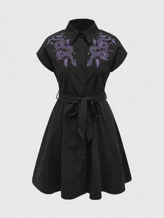 Goth Snake Skin, Butterfly & Star Moon Pattern Belted Short Sleeve Summer Dress