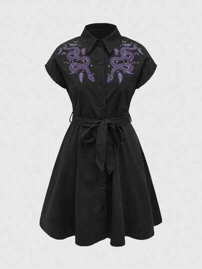 Goth Schlangenhaut, Schmetterling & Sternmond Muster Gürtel Kurzarm Sommerkleid