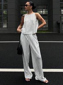 DAZY 女式夏季条纹细肩带背心和休闲长裤两件套 - 白色 - 查看 6