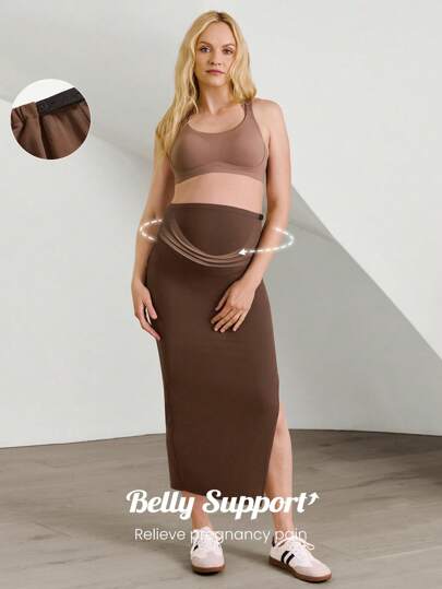 GLOWMODE FeatherFit™ Plein de grâce Maternité Taille haute Fentes latérales Maxi jupe moulante et stretch. Grossesse à faible impact Yoga Pilates Port quotidien casual