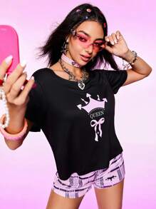 Notgurli 2 bộ đồ ngủ tay ngắn in chữ và vương miện mùa hè cho nữ và quần short kẻ sọc, không kèm dây xích trang trí ở eo - Nhiều màu - Xem 4