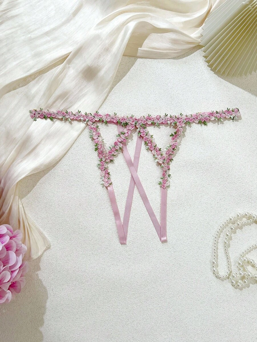 女士性感碎花细肩带开裆内裤 - 彩色 - 查看 1