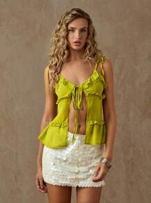 Glamine Sexy grünes transparentes Mesh-Crop-Top mit Rüschentrimm und Bindedetail für Frauen, heißes grünes durchsichtiges Top für Club, Nachtausgang, Party, Sommer, Strandurlaub, schicke geschichtete Rüschen Mode für Urlaubsdate - Olivgrün - Übersicht 6