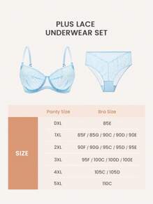 LUVLETTE Plus Women 2pcs Blue Sexy Lingerie Set Full Coverage Unlined Lace Elegance & Mesh Minimizer Bra Lace Bra Panty Matching Sets