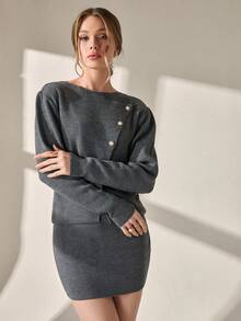 EURMUSE 女士开衫套装，搭配两件套迷你裙，优雅 - 灰色 - 查看 3