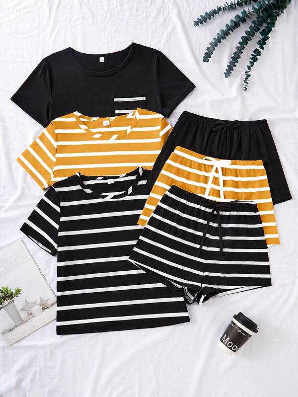 Snug Zone Set de 3 piezas de pijama informal de dama con short y manga corta a rayas