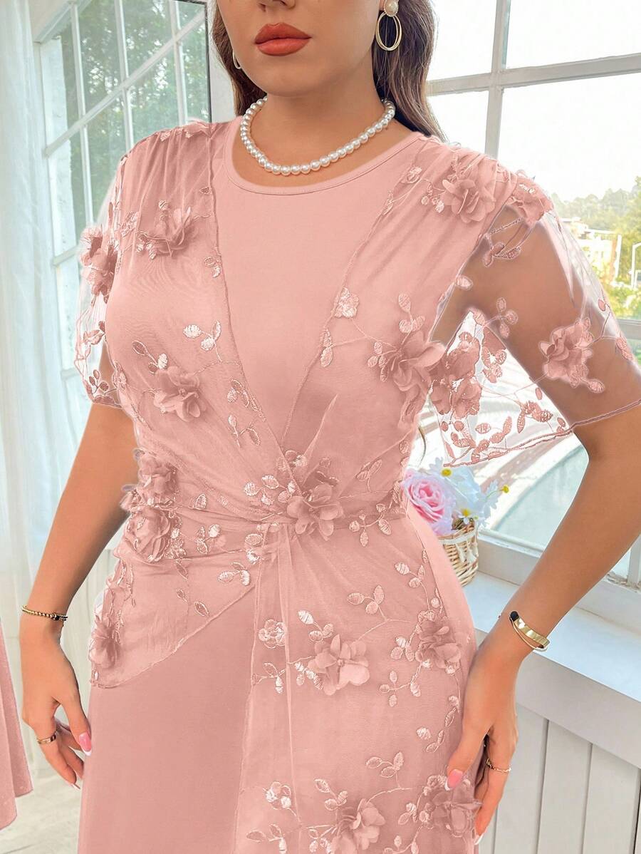 Reflora Đầm lưới trang trí hoa 3D cỡ lớn cho nữ, mùa hè - Hồng - Xem 1