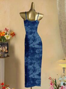 SHEIN EZwear 休闲简约街头风格海军蓝扎染印花图案紧身长裙，适合夏季旅行、外出、度假 - 彩色 - 查看 6