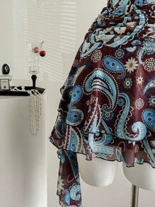 Sweetra Vintage Print Asymmetrical Hem Mini Dress - Coffee Brown - View 3