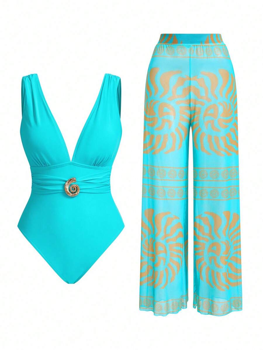 Swim Oasis Elegant Retro Spiral Print One Piece Swimsuit Coordinate With Wide Leg Pants, Chic Vacation Outfit For Women For Summer