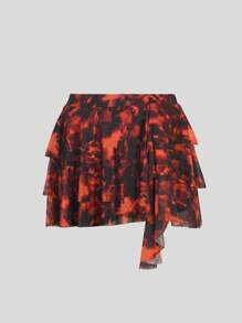 INAWLY Damen Große Größen Batik-Muster asymmetrischer Rüschen-Saum Rock