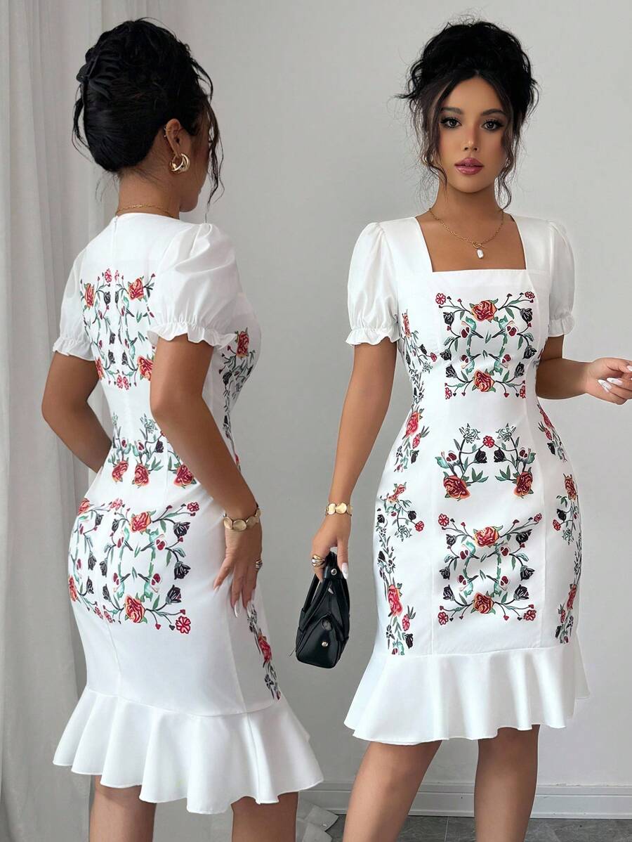 Rafferiza Đầm midi cổ vuông in hoa tay ngắn cho nữ, thanh lịch mùa hè - trắng - Xem 1