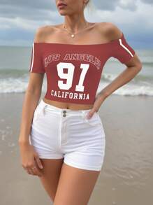 SHEIN ICON Women's Summer Short Sleeve Slim Fit Crop Top With Letter Print, Off-Shoulder - Red - View 4