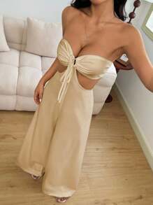 Mono de pierna ancha con espalda descubierta y cuello halter calado, sexy para mujer - Caqui - Ver 6