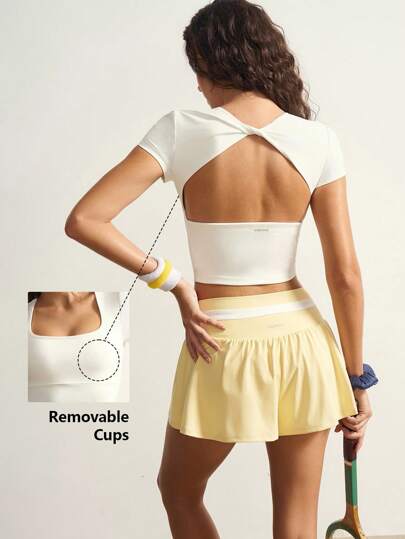 VARSIVA Workout Women Tops Casual Solid Color Cropped Sports T-Shirt, Summer Bustier Crop Sports Tee