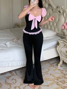 SHEIN 浪漫优雅撞色蝴蝶结荷叶边女士睡衣套装 - 黑色 - 查看 3