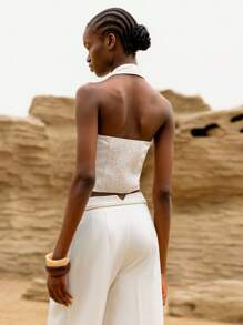 Lumivelle Women's Casual Sleeveless Button Front Halter Top, Solid Color, Summer - Apricot - View 2