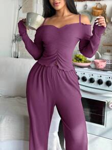 淡紫色露肩上衣和裤子家居服套装，褶皱细节紫色两件套家居服，女士长袖家居服套装，可爱睡衣套装，秋冬服装，舒适套装 - 淺灰紫 - 查看 5