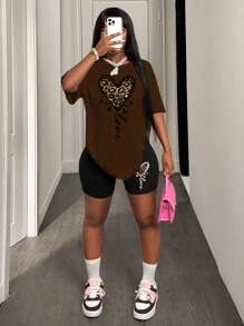 Zolique Women's Drop Shoulder T-Shirt 2pcs/Set With Heart And Leopard Print - Multicolor - View 4