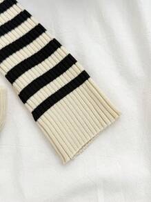 SHEIN 2pcs/Set Teen Girls Vacation Striped Sweater Top And Shorts Set, Collared Long Sleeve Pullover And Knitted Shorts Striped Two Piece Set Two Piece Knit Set Preppy Two Piece Set Striped Sweater Set Knit Two Piece Set,In Fall/Winter - Black - View 5