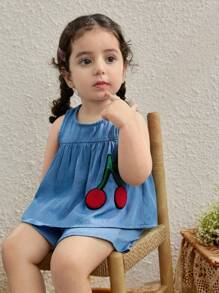 Blossori Baby Girls Countryside Style Cherry Pattern Sleeveless Top And Shorts Set - Blue - View 4