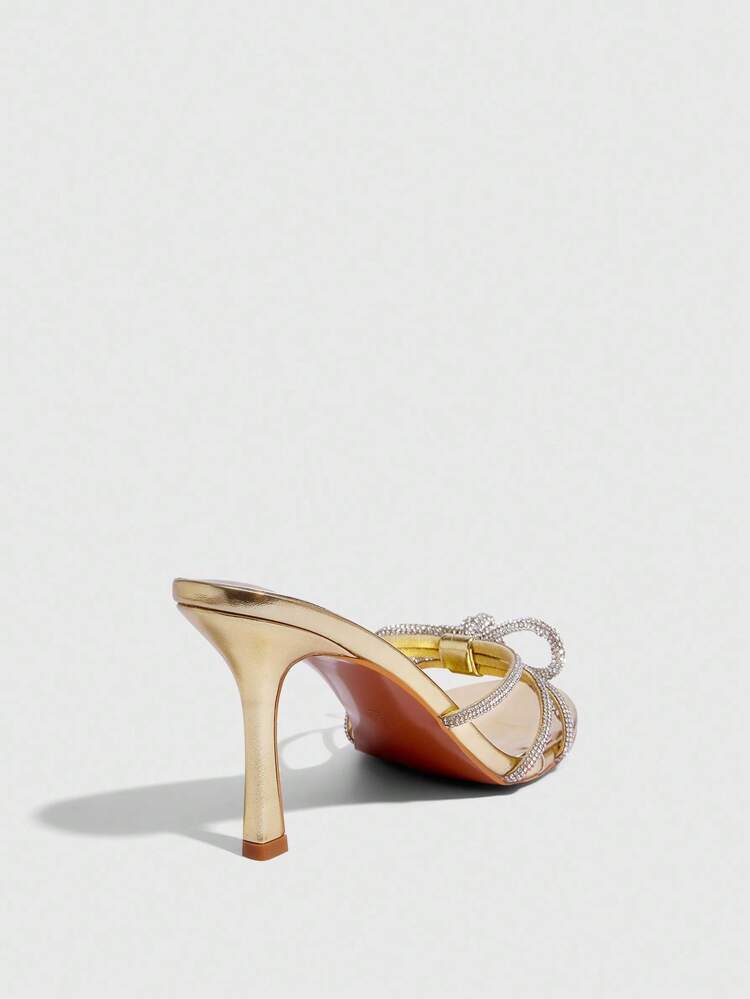 CUCCOO SZL Women's Gold Rhinestone Bow Decor Pointed Toe Mule High Heel Sandals, Fashionable & Sexy For Nightclub
