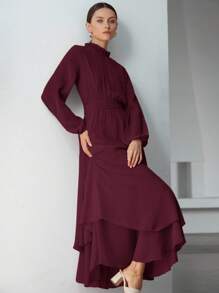 Aveloria Modichic Romantic French Style Layered Hem Decor Waisted Flattering Ruffle Collar Design Chiffon Dress For Women Fall Cloth For Women - Burgundy - View 4