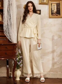 Côtesoire 法式浪漫蕾丝拼接系带女士睡衣套装，舒适优雅细节，秋冬服装 - 杏色 - 查看 5