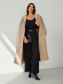 SHEIN Tall 女款休閒純色風衣，春秋款，適合高個女性 - 卡其色 - 查看 3
