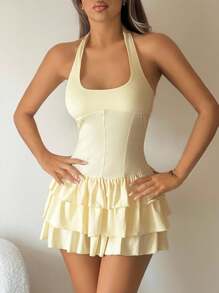 SHEIN ICON Robe mini moulante femme nouvelle couleur crème avec dos nageur sexy et ourlet sirène - Jaune citron - Voir 3