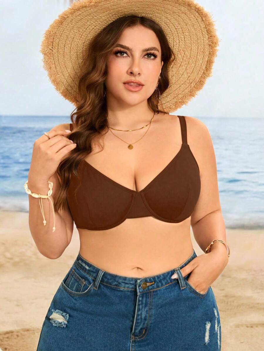 Swim Lushoire بيكيني علوي بحواف قطنية بلون سادة مناسب للنساء ذوات الأحجام الكبيرة، مناسب لرحلات الشاطئ الصيفية - قهوة بني - مشاهدة 1