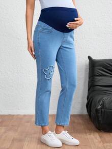 SHEIN 孕妇花朵口袋流苏喇叭休闲牛仔裤 - 中等水洗藍 - 查看 3