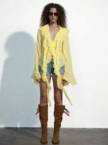 GENKIRA 法式欧式V领透视荷叶边长袖衬衫，浪漫青春气息 - 黃色 - 查看 3