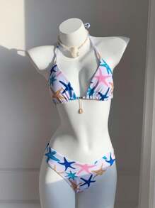 Comfortcana 4pcs Thong Bikini Set   Vacation Beach Graphic Seashell & Starfish Print Halter Bikini Set - Multicolor - View 6