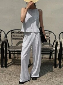 DAZY 女式条纹无袖背心和裤子休闲两件套夏季 - 白色 - 查看 3